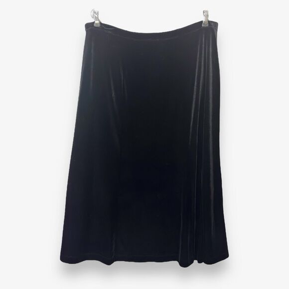 Vintage Black Velvet Midi Skirt XL Pull On Stretch Neutral Minimalist - Picture 2 of 11